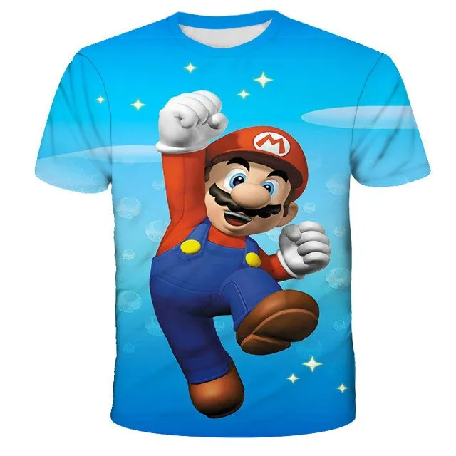 3D Sky Blue Cartoon Mario T-shirt Children's Clothing Funny Girl T-shirt Fashion T-shirt 2021 New Summer