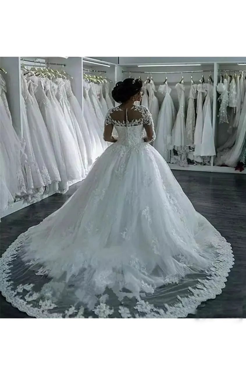 A-Line Ball Gown Jewel Sleeveless Lace Tulle Wedding Dress-715570