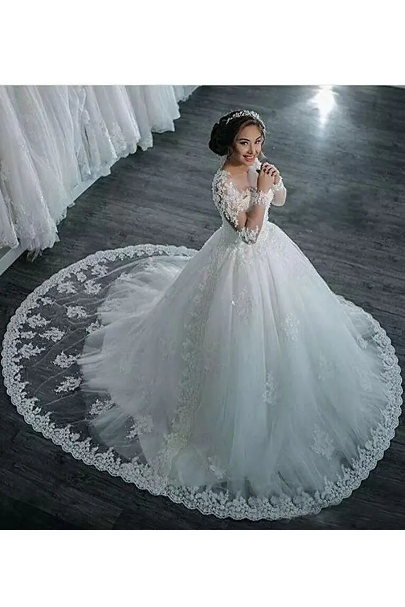 A-Line Ball Gown Jewel Sleeveless Lace Tulle Wedding Dress-715570