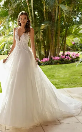 A-Line Elegant V-neck Lace Wedding Dress With Deep-V Back And Appliques-716730