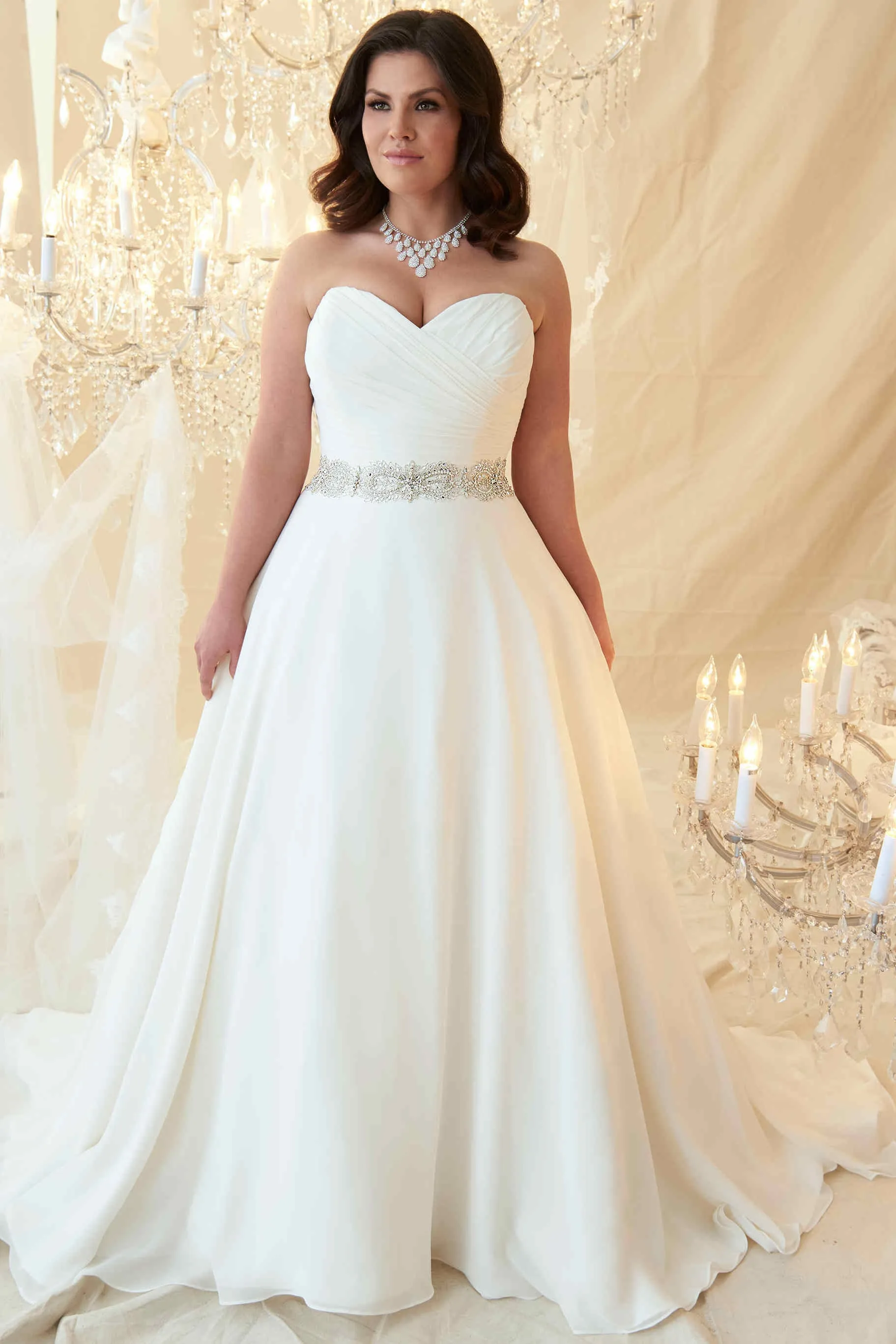 A-Line Sweetheart Jeweled Chiffon Plus Size Wedding Dress With Criss Cross And Zipper-MK_703605