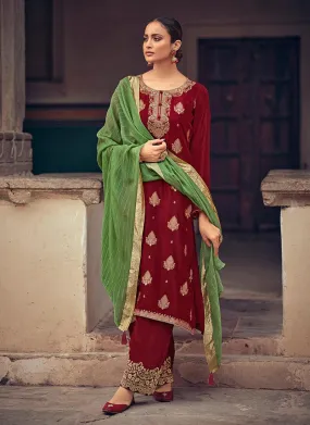 Adorable Look Silk Fabric Maroon Color Silk Weave Pant Style Salwar Suit