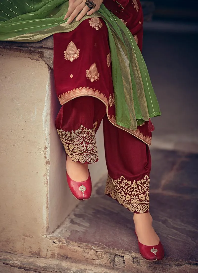 Adorable Look Silk Fabric Maroon Color Silk Weave Pant Style Salwar Suit