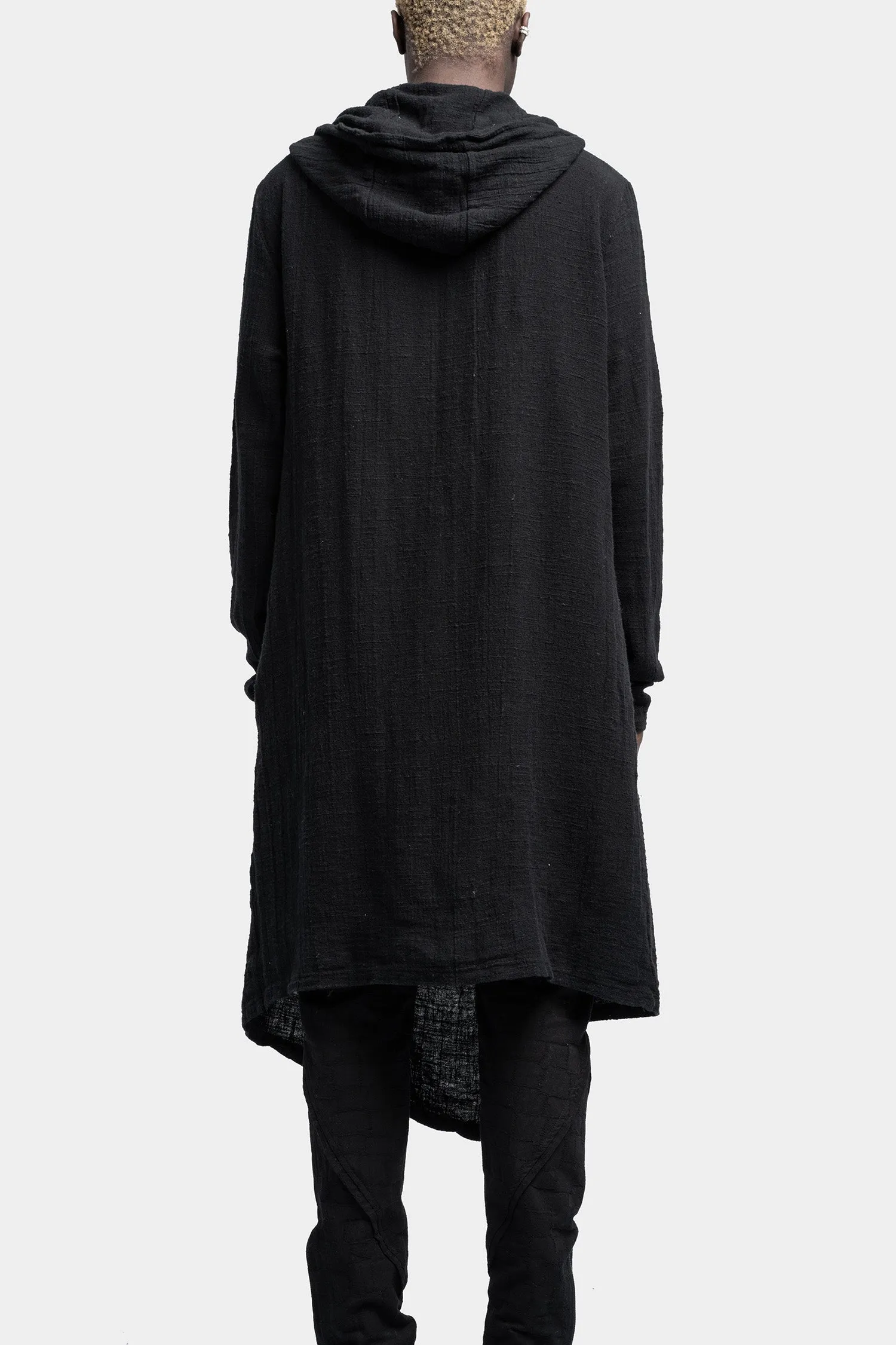 Asymmetrical linen blend hood cardigan