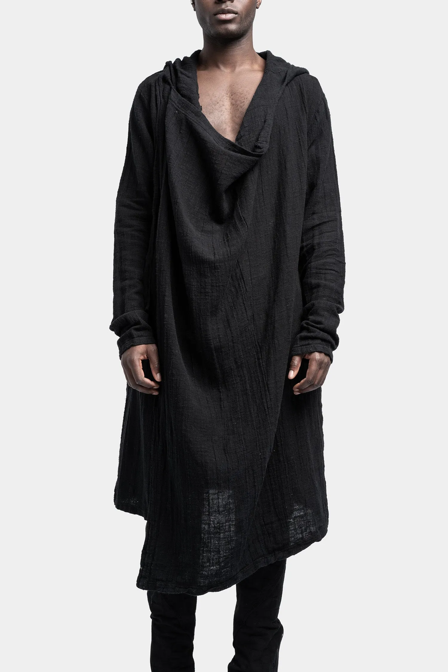 Asymmetrical linen blend hood cardigan