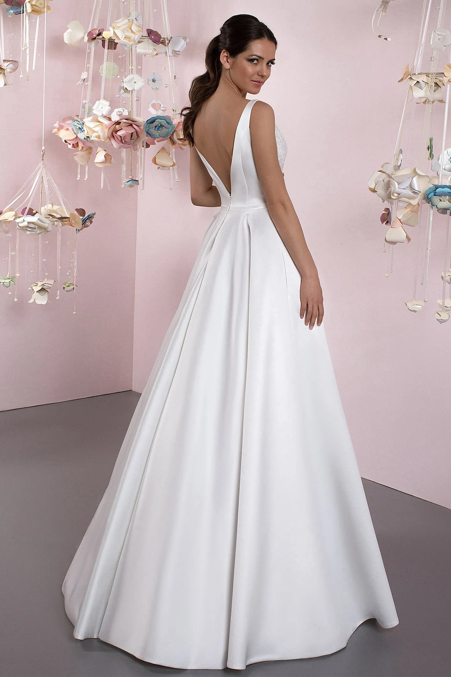 Ball-Gown Bateau Lace Sleeveless Floor-Length Satin Wedding Dress With Deep-V Back And Pleats-MK_700097