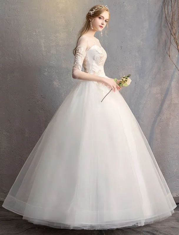 Ball Gown Princess Wedding Dresses Ivory Half Sleeve Backless Applique Bridal Dress