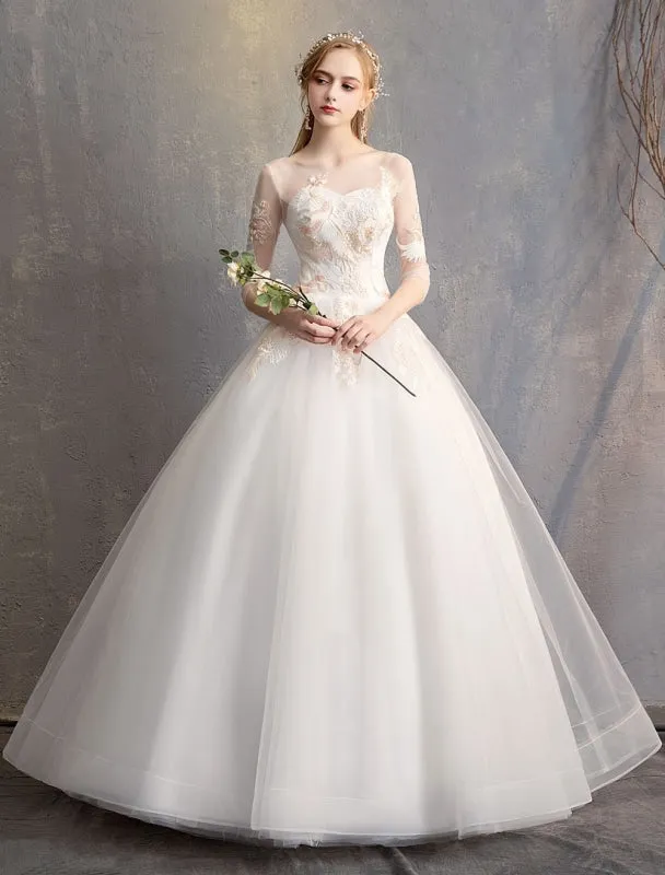 Ball Gown Princess Wedding Dresses Ivory Half Sleeve Backless Applique Bridal Dress