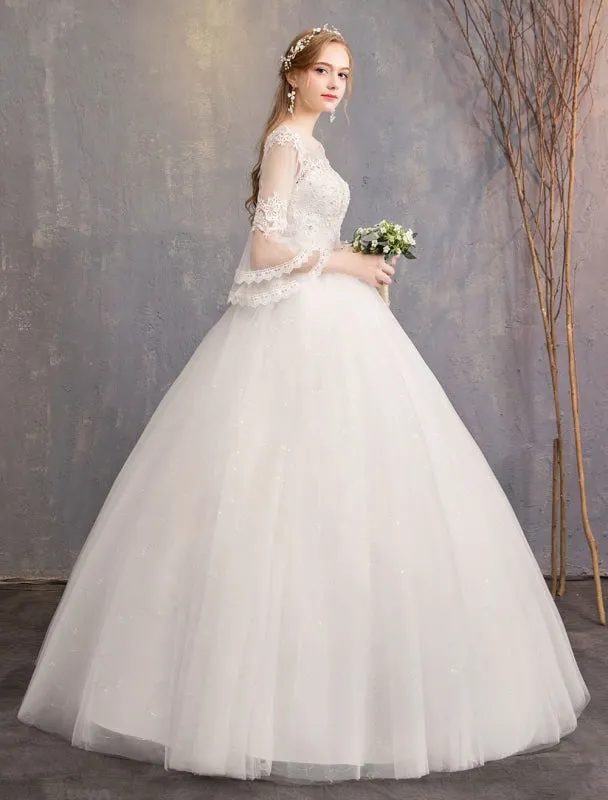 Ball Gown Wedding Dresses Tulle Jewel 3/4 Length Sleeve Floor Length Princess Bridal Gown