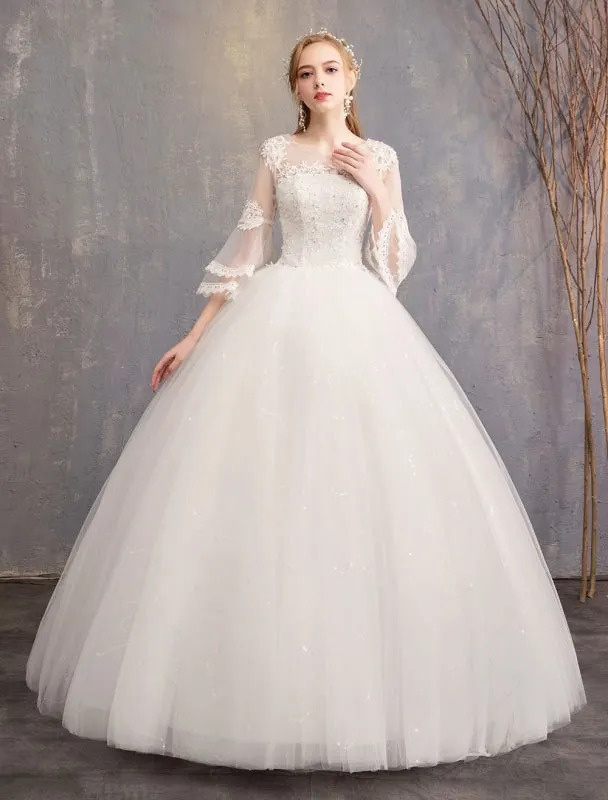 Ball Gown Wedding Dresses Tulle Jewel 3/4 Length Sleeve Floor Length Princess Bridal Gown