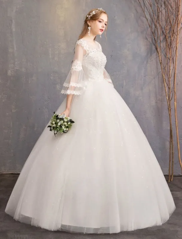 Ball Gown Wedding Dresses Tulle Jewel 3/4 Length Sleeve Floor Length Princess Bridal Gown