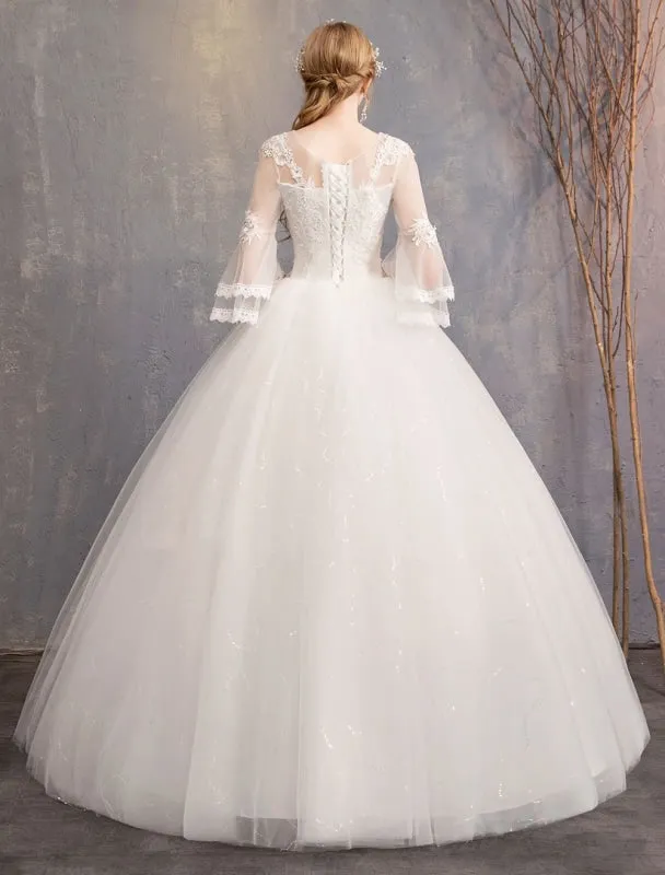 Ball Gown Wedding Dresses Tulle Jewel 3/4 Length Sleeve Floor Length Princess Bridal Gown