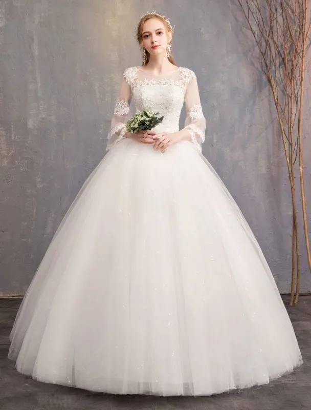 Ball Gown Wedding Dresses Tulle Jewel 3/4 Length Sleeve Floor Length Princess Bridal Gown