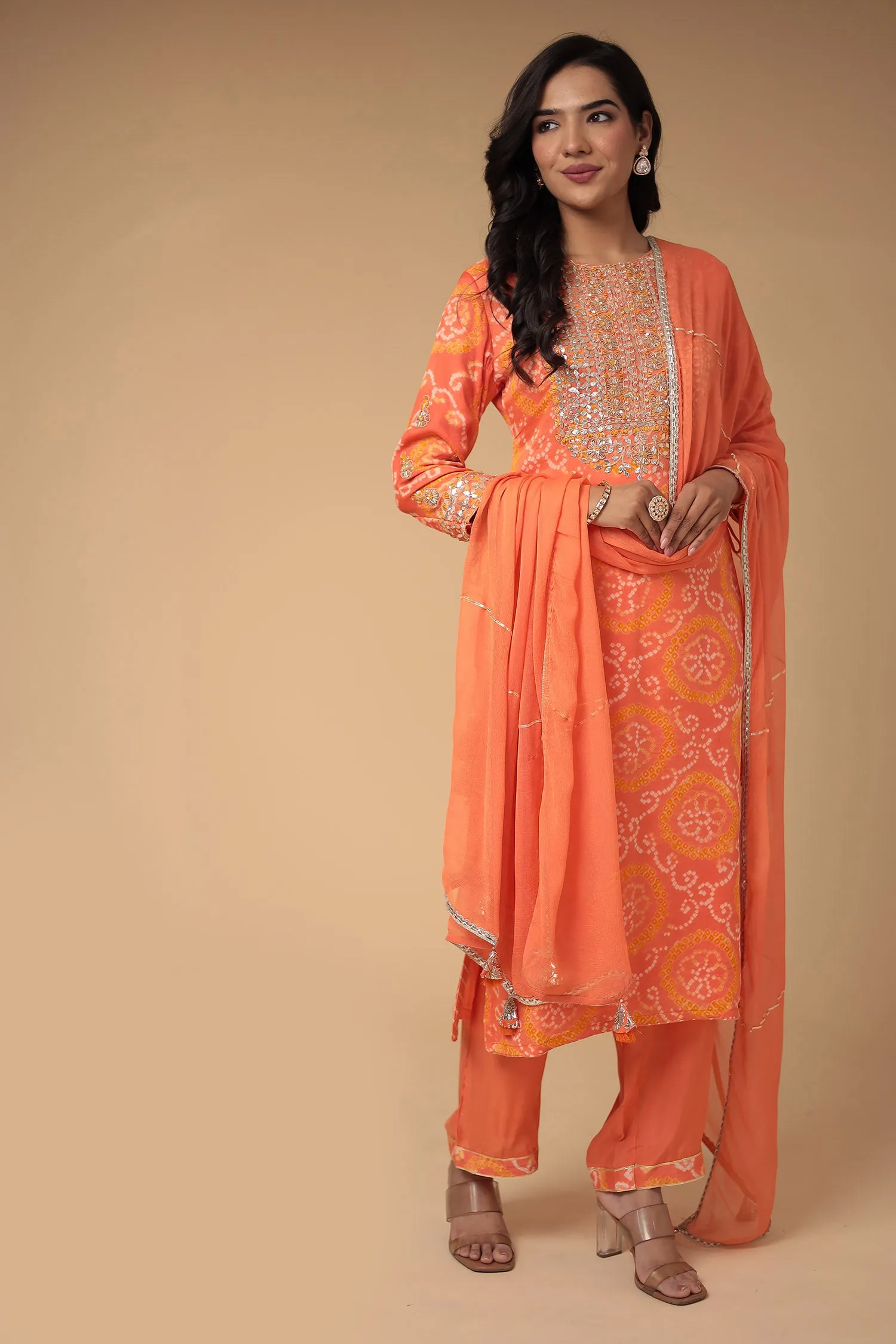 Bandhej Georgette Suit with Gota Patti and Thread work.