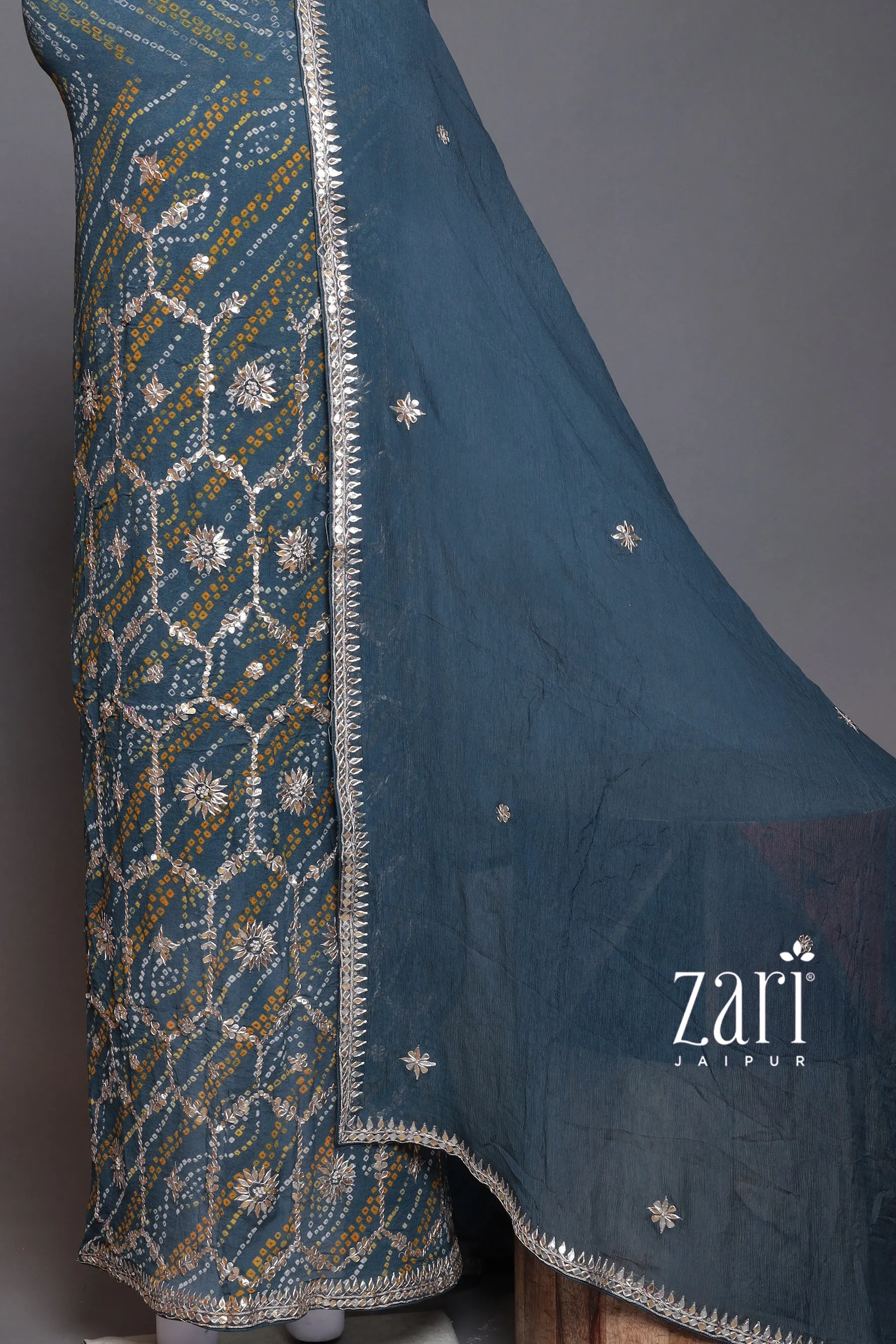 Bandhej Georgette Unstitched Suit with Dori, Gota Patti, Pearl, Sequins work.