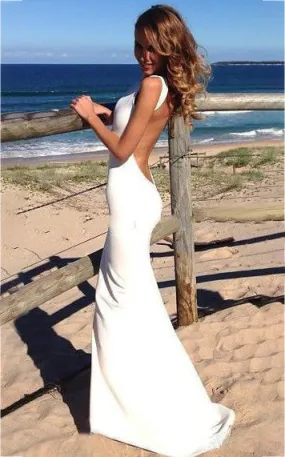 Beach Sexy Mermaid Jewel Sleeveless Backless Satin Wedding Dress-713534