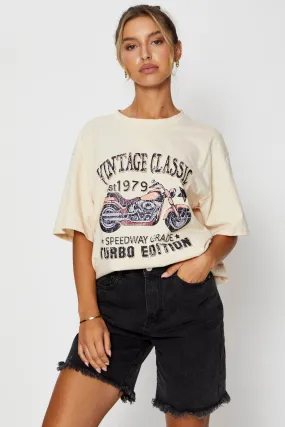 Beige Graphic T Shirt Short Sleeve Oversized