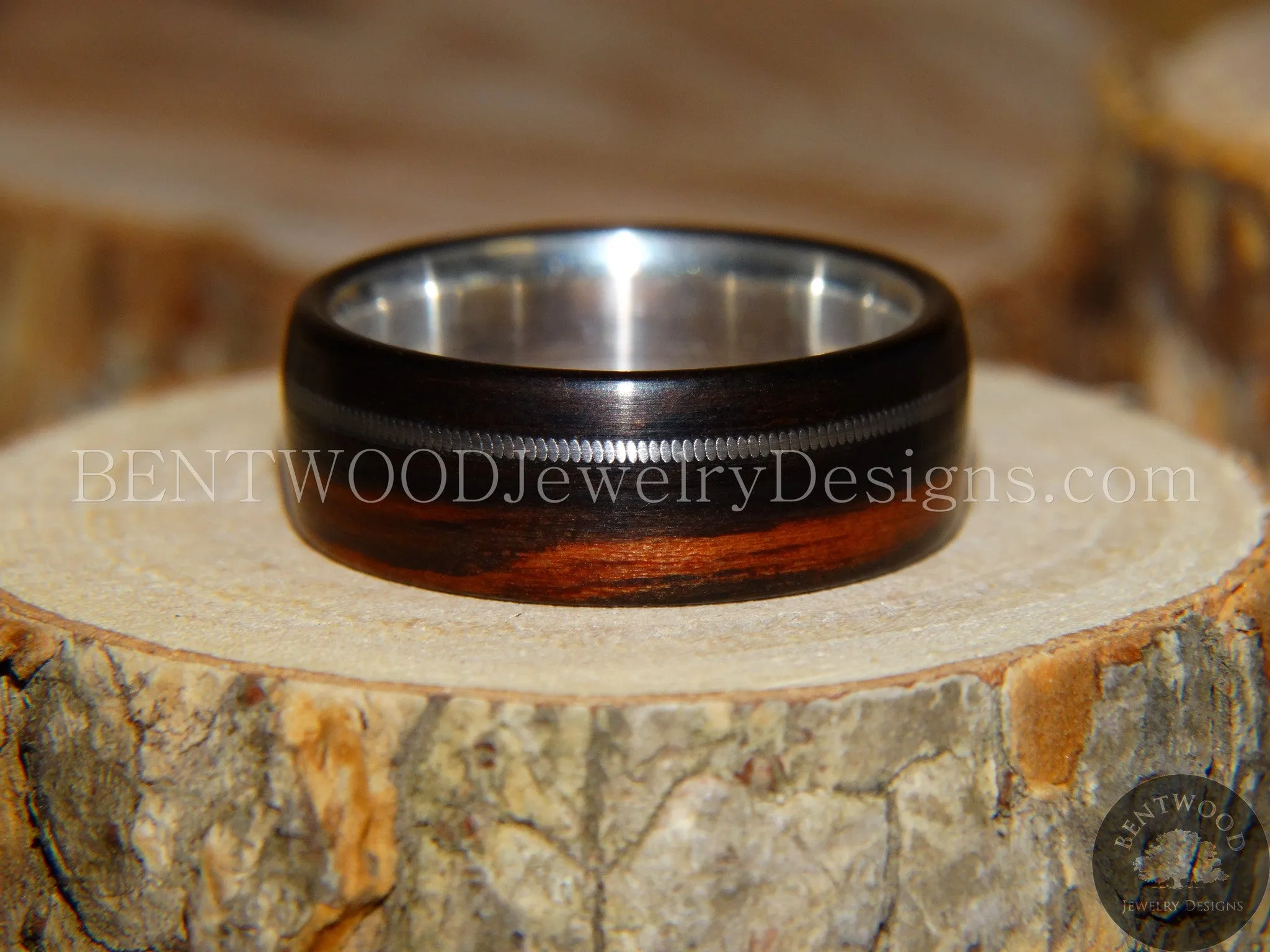 Bentwood Ring - Ebony Wood Ring with Fine Silver Core and Thick Silver Guitar String Inlay