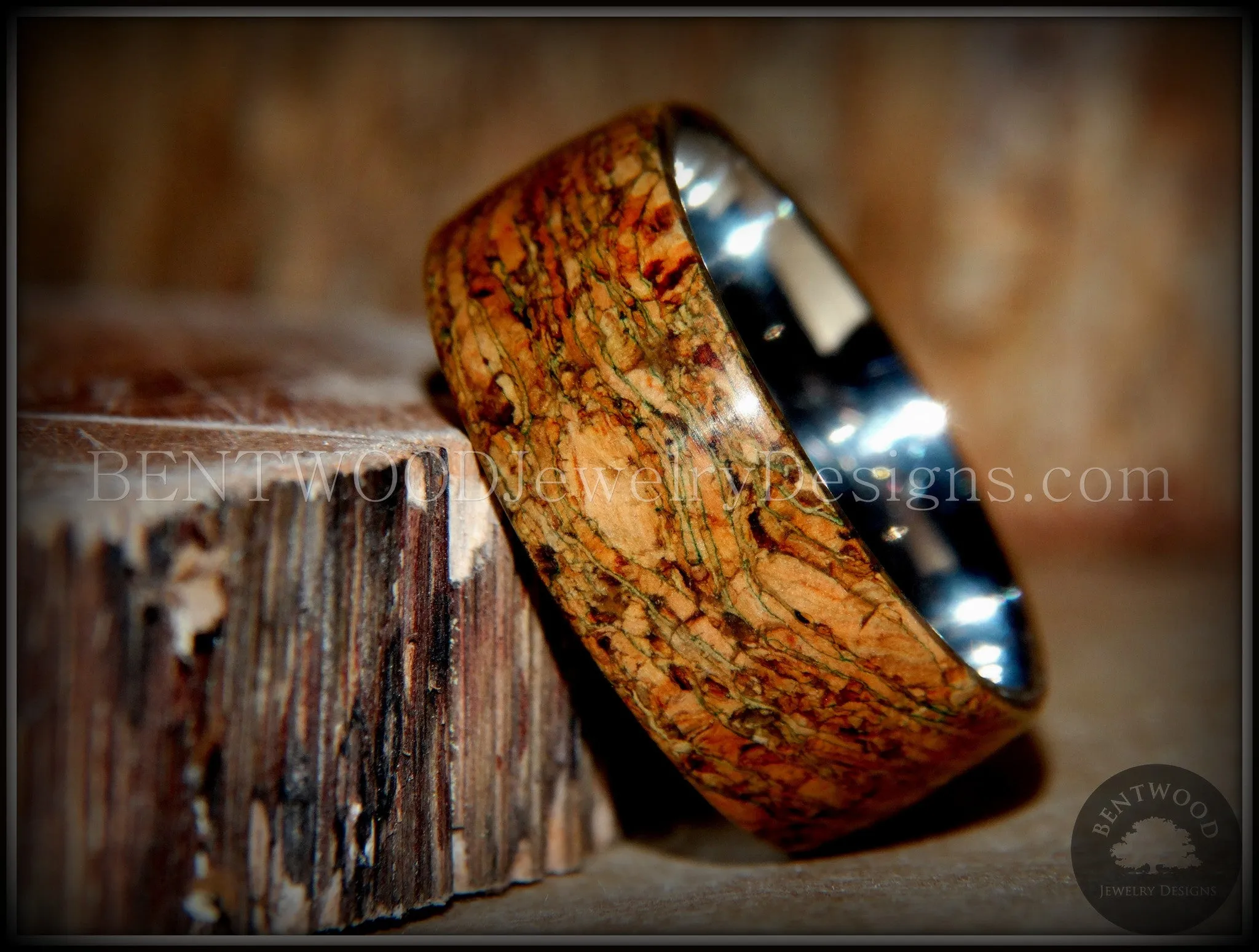 Bentwood Ring - Figured Green Mediterranean Oak Burl Wood Ring with Surgical Grade Stainless Steel Comfort Fit Metal Core