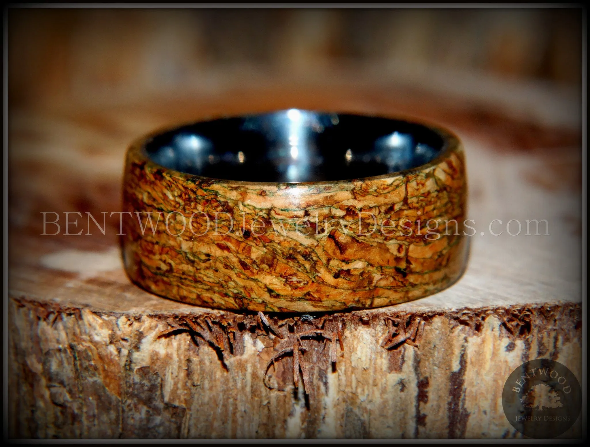 Bentwood Ring - Figured Green Mediterranean Oak Burl Wood Ring with Surgical Grade Stainless Steel Comfort Fit Metal Core