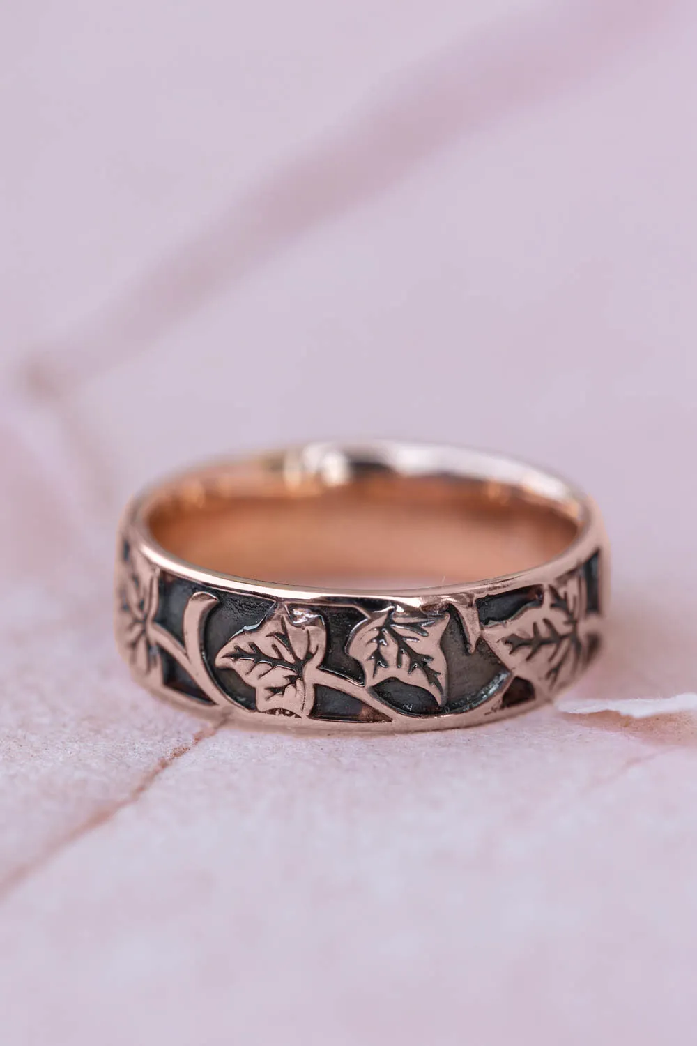 Black and gold wedding band for man, ivy leaves ring