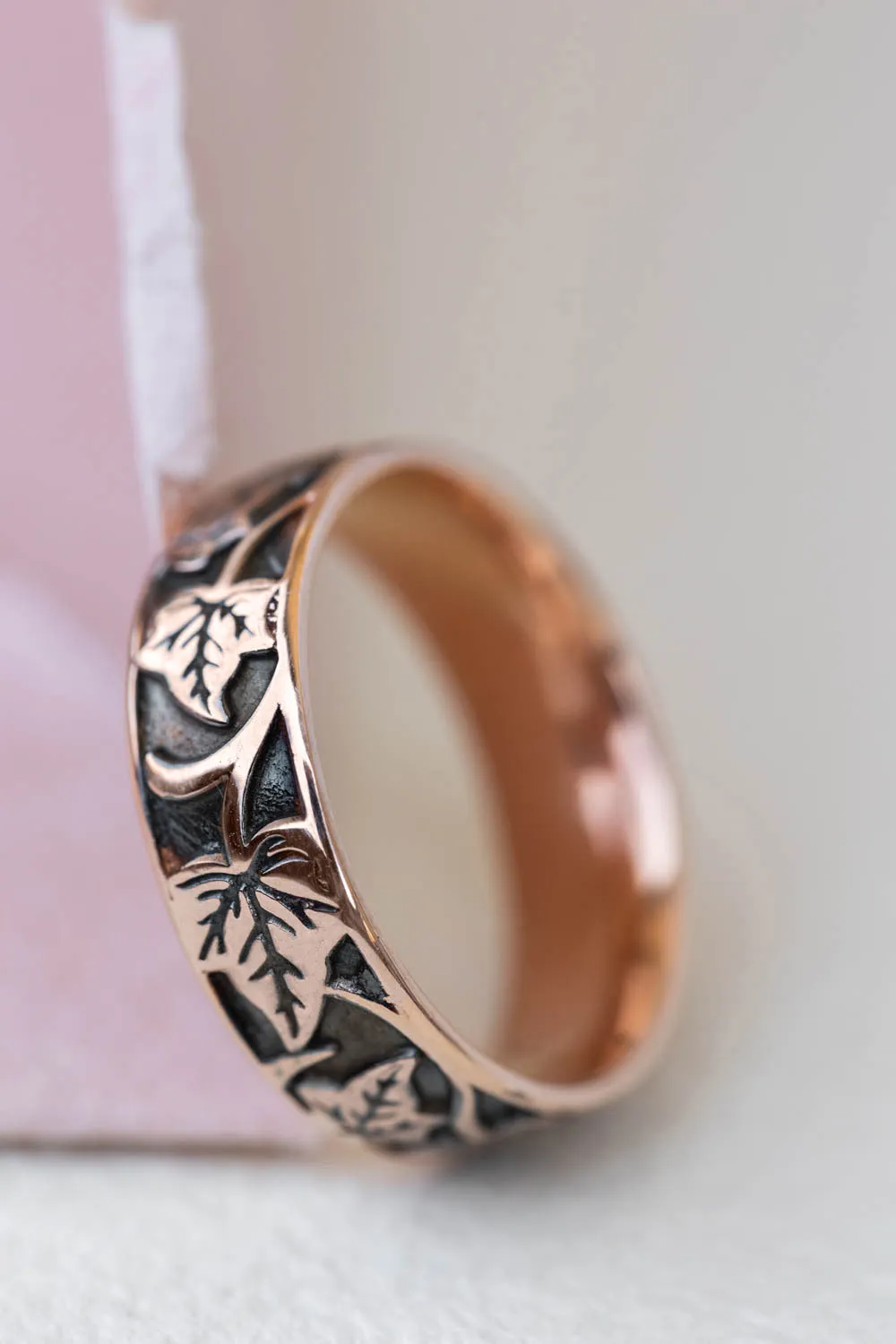 Black and gold wedding band for man, ivy leaves ring