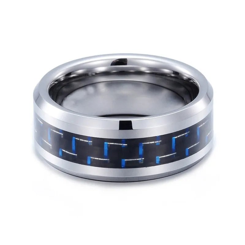 Black/Blue Carbon Fiber Inlay and Blue/White Cubic Zirconia Stainless Steel Wedding Ring Set