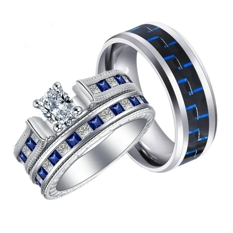 Black/Blue Carbon Fiber Inlay and Blue/White Cubic Zirconia Stainless Steel Wedding Ring Set