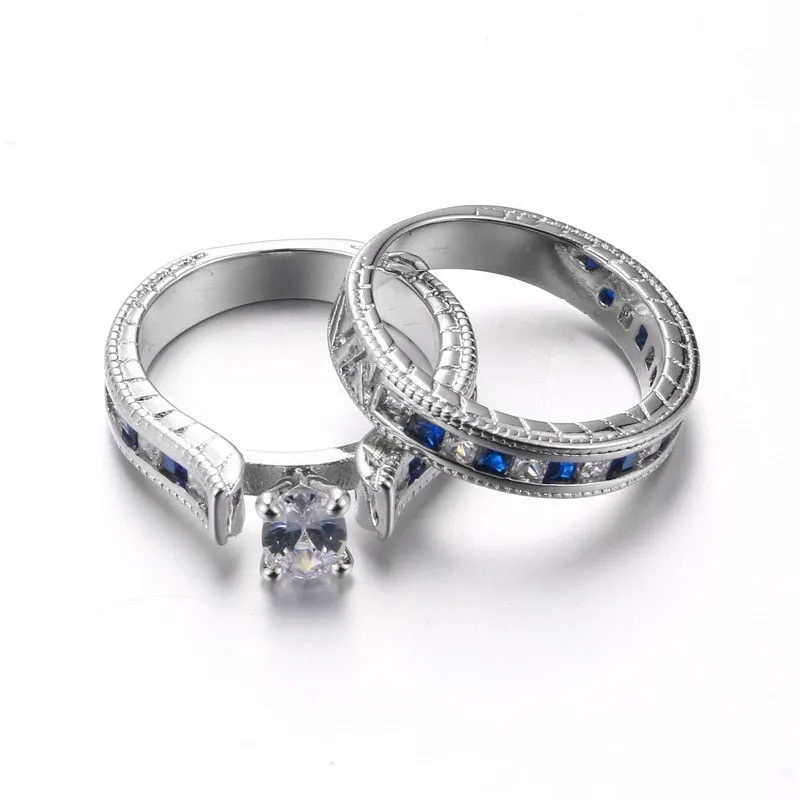 Black/Blue Carbon Fiber Inlay and Blue/White Cubic Zirconia Stainless Steel Wedding Ring Set