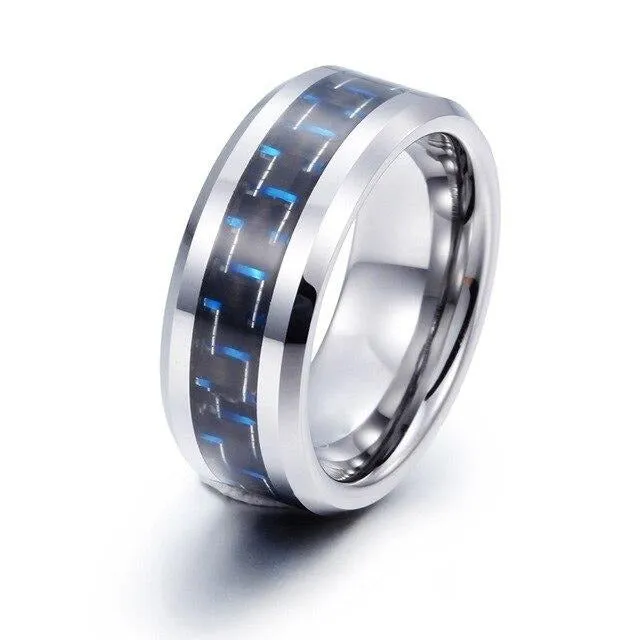 Black/Blue Carbon Fiber Inlay and Blue/White Cubic Zirconia Stainless Steel Wedding Ring Set