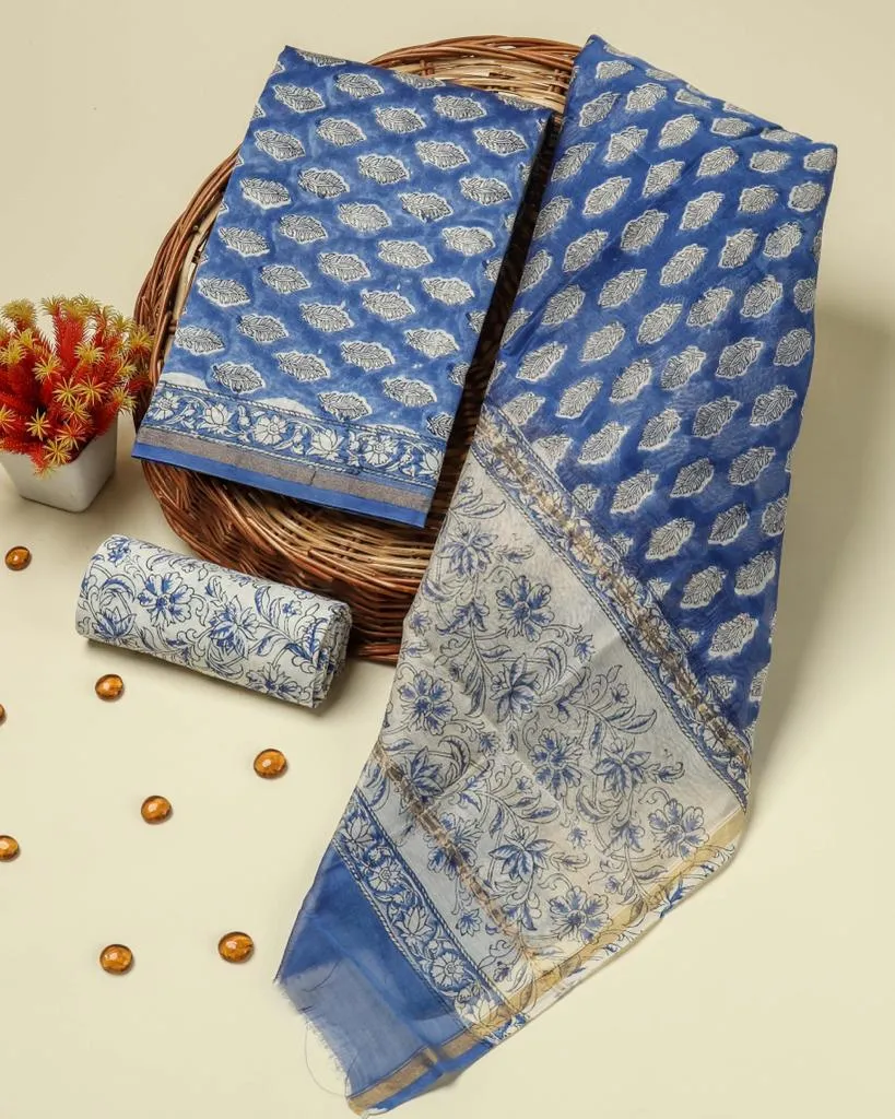 Blue Buti Print Chanderi Silk Suit Set (CHA335)