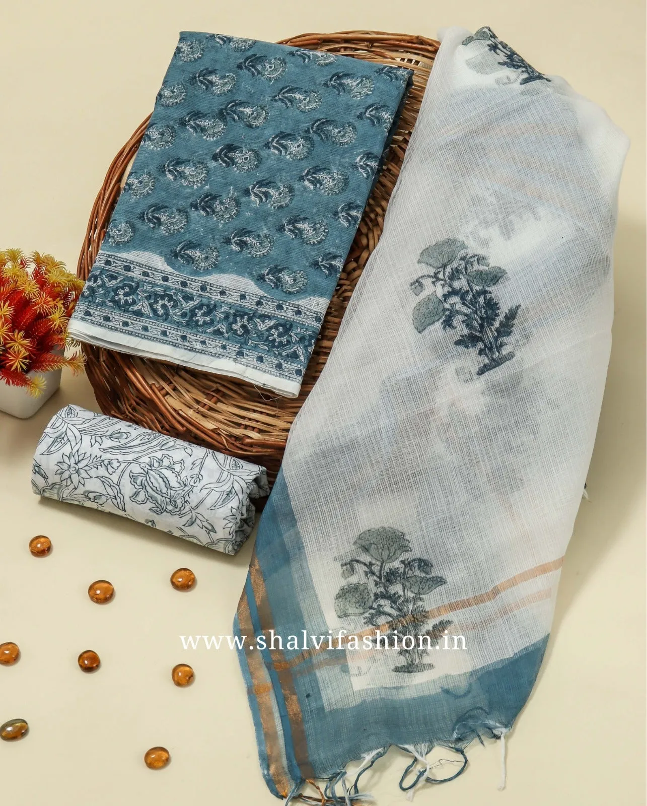 Blue Buti Print Kota Doria Suit Set (3KD133)