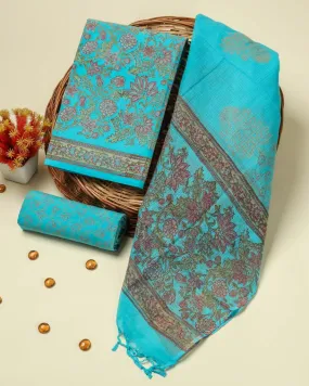 Blue Floral Jaal Print Cotton Suit Set with Kota Doria Dupatta (3CKD86)