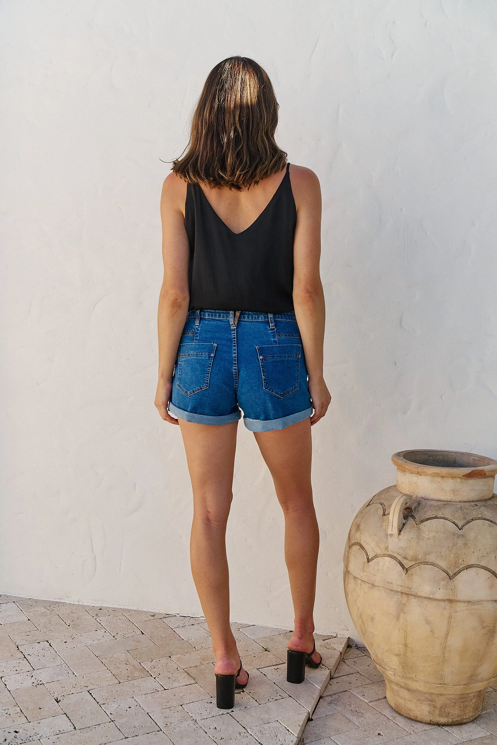 Blue High Waisted Cuff Denim Shorts