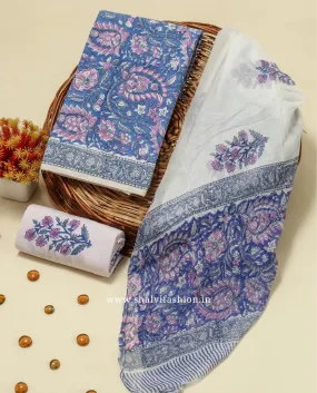 Blue Jaal Print Cotton Suit Set with Chiffon Dupatta (PCHF281)