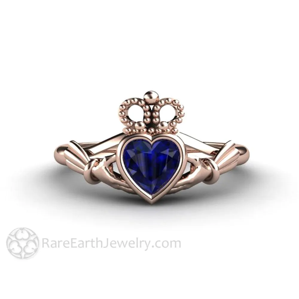 Blue Sapphire Claddagh Ring Celtic Engagement Ring Irish Jewelry