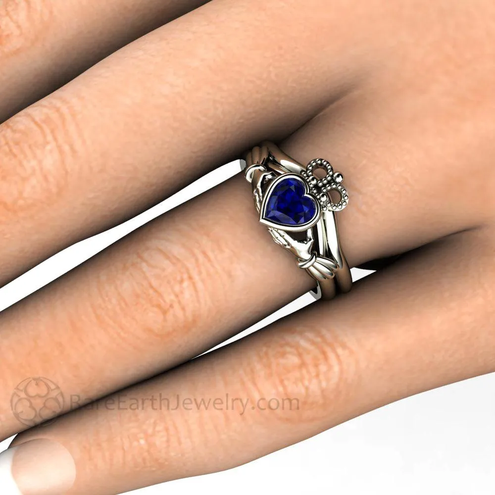 Blue Sapphire Claddagh Ring Celtic Engagement Ring Irish Jewelry