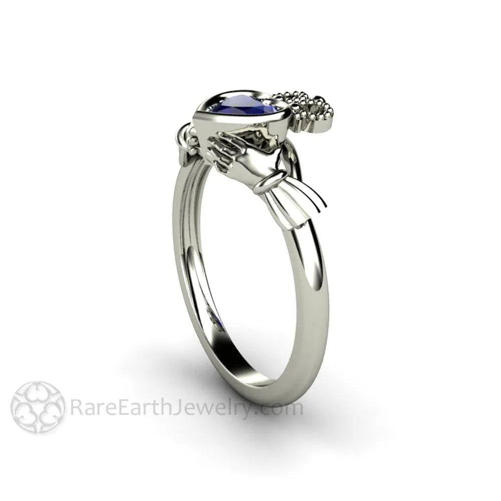 Blue Sapphire Claddagh Ring Celtic Engagement Ring Irish Jewelry