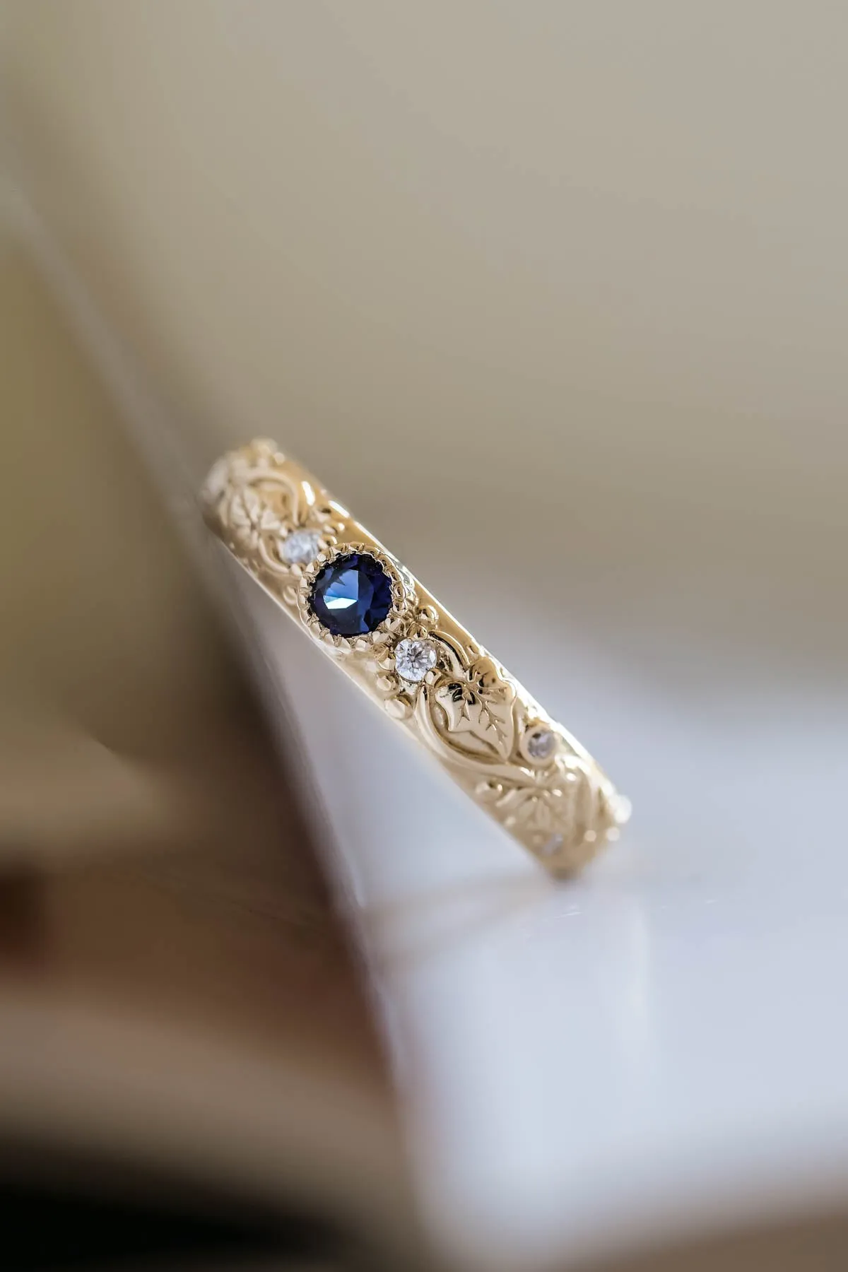 Blue sapphire wedding band, ivy leaf ring with diamonds, comfort fit ring