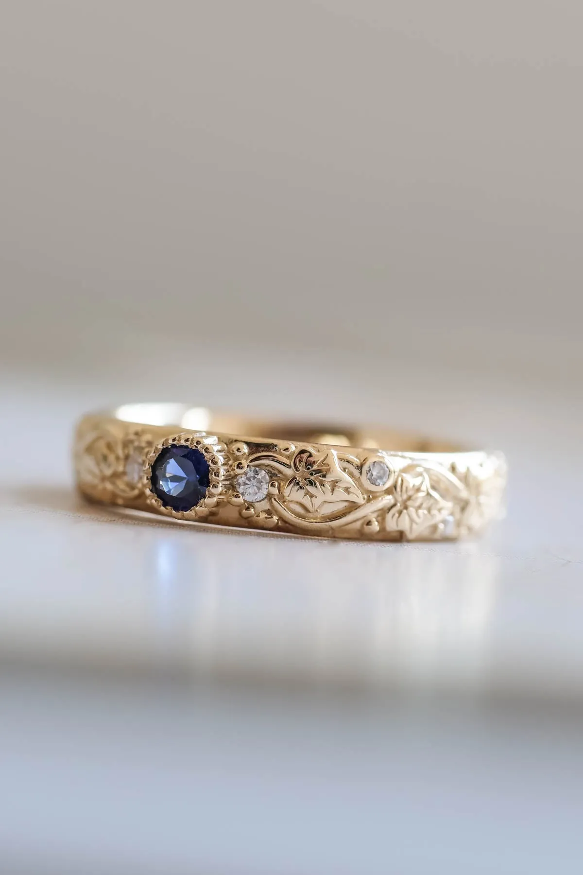 Blue sapphire wedding band, ivy leaf ring with diamonds, comfort fit ring