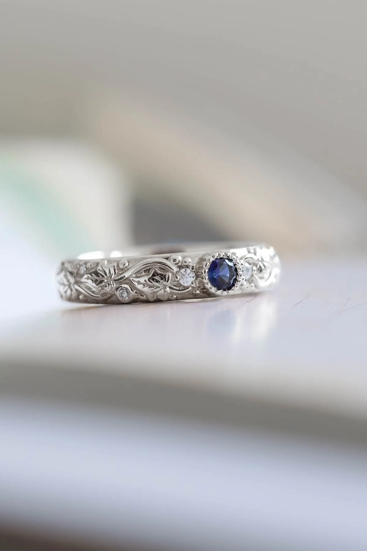 Blue sapphire wedding band, ivy leaf ring with diamonds, comfort fit ring