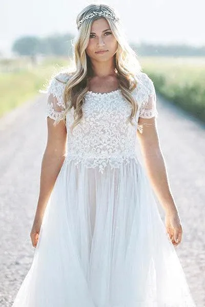 Boho A-line Short Sleeve Lace Appliques Bodice Tulle Wedding Dress-715652