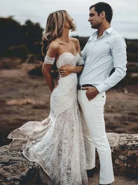 Boho Long Mermaid Sweetheart Lace Ivory Wedding Dresses