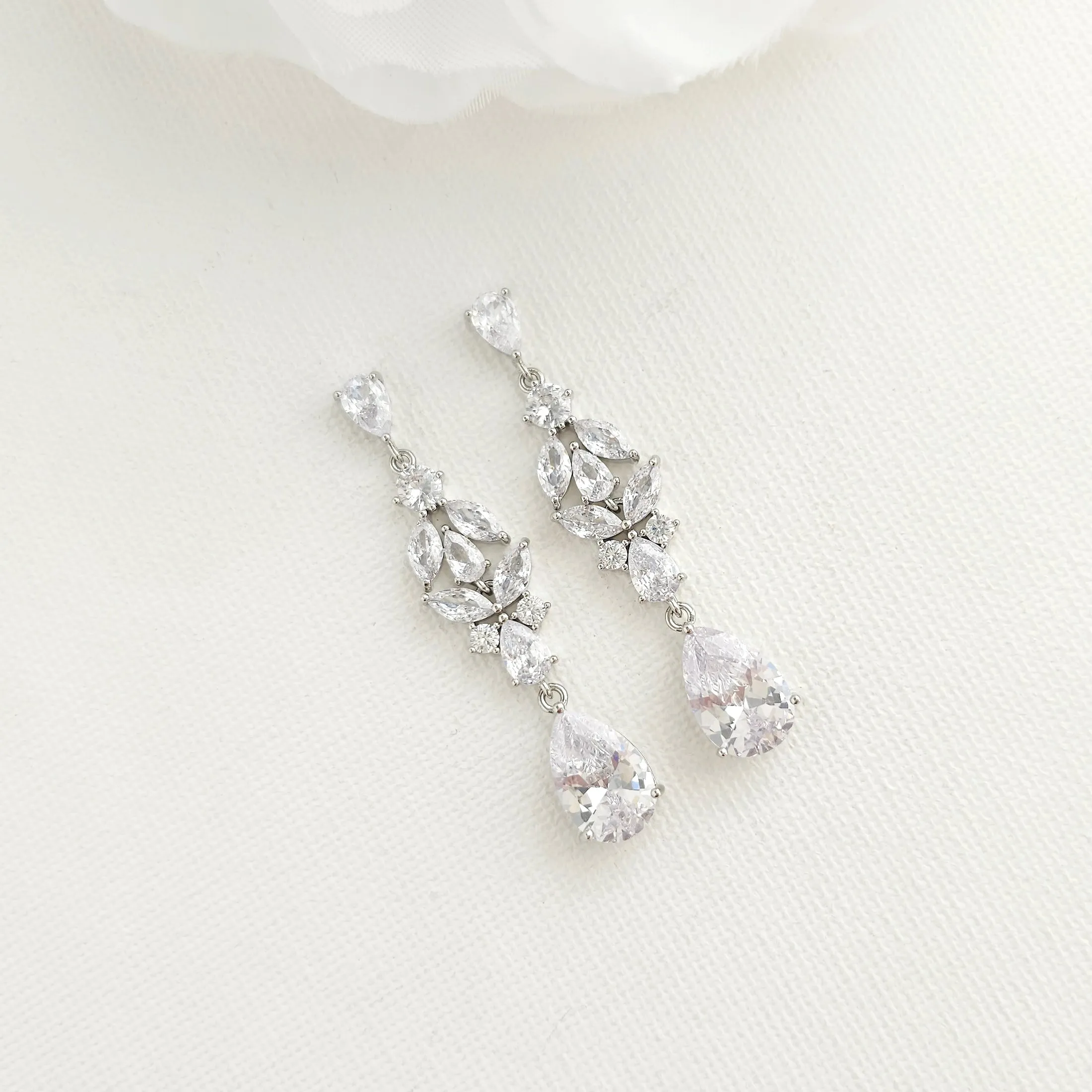 Bridal Drop Earrings in Silver and Cubic Zirconia Stones-Anne