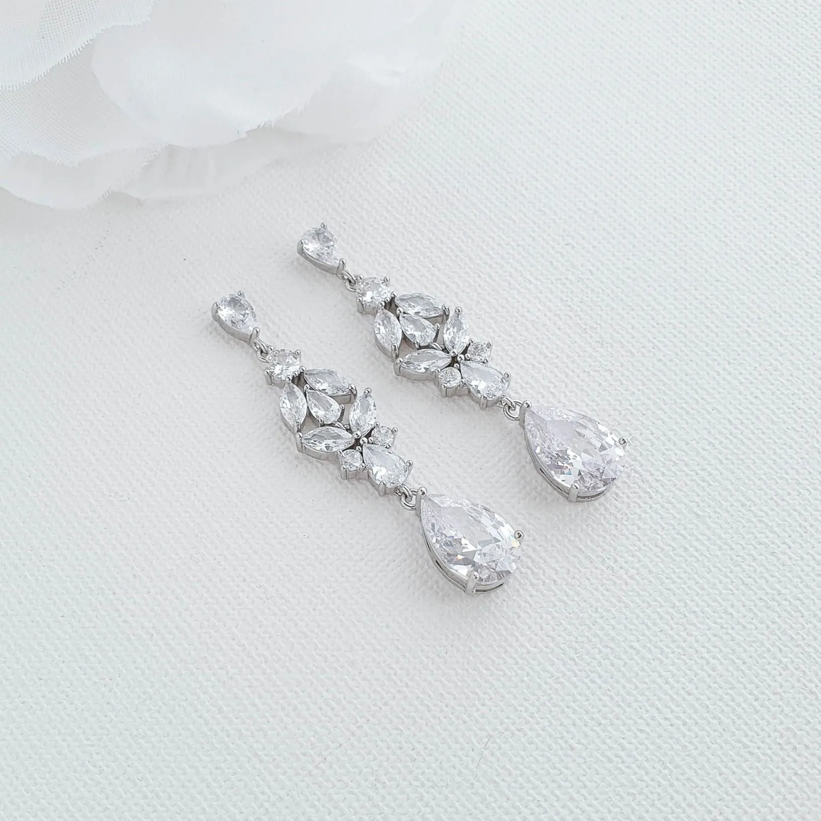 Bridal Drop Earrings in Silver and Cubic Zirconia Stones-Anne