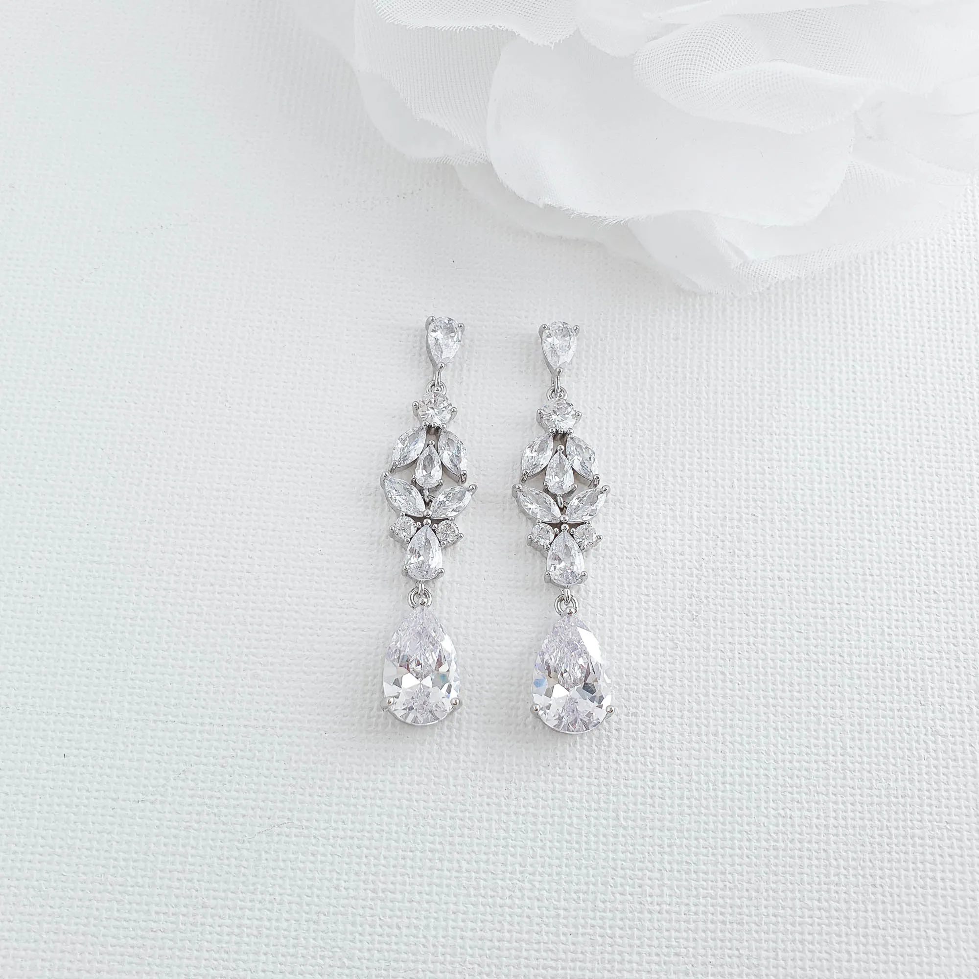 Bridal Drop Earrings in Silver and Cubic Zirconia Stones-Anne