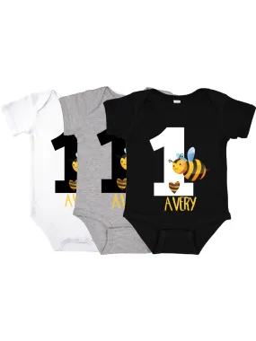 Bumble Bee First Birthday Bodysuit - White, Gray, & Black