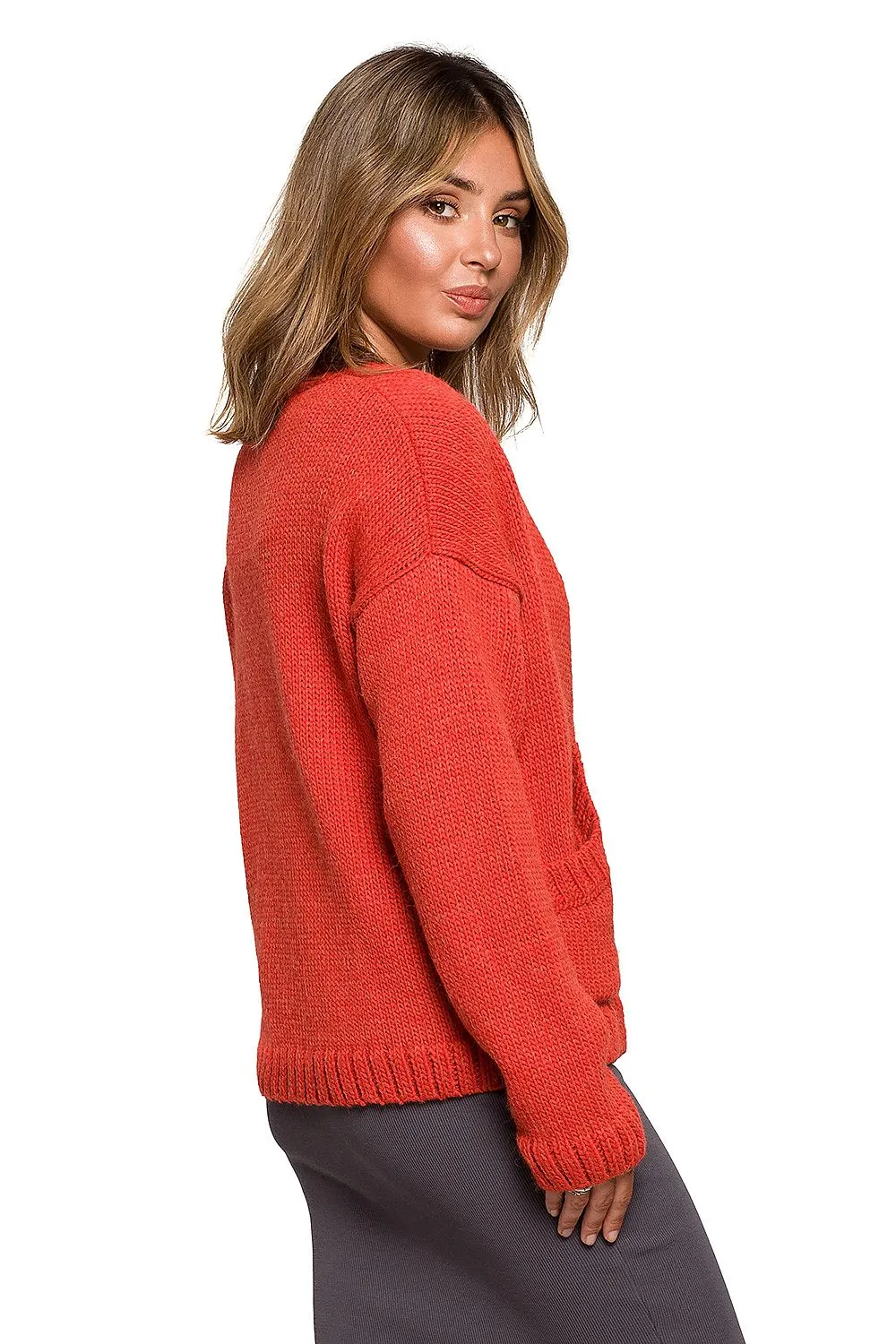 Button Knit Cardigan with Pockets Orange