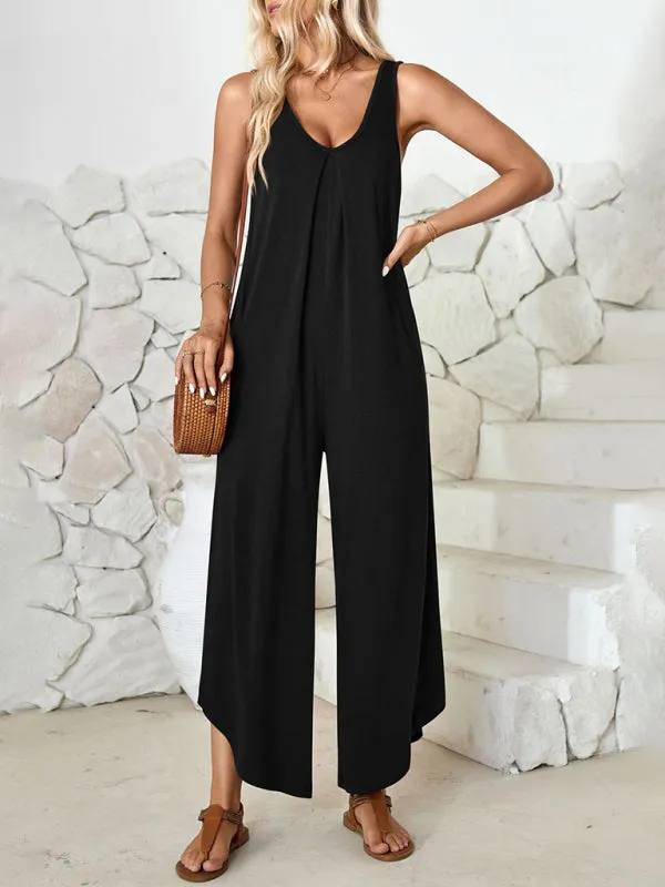 Casual sleeveless V-neck wide-leg jumpsuit with pockets