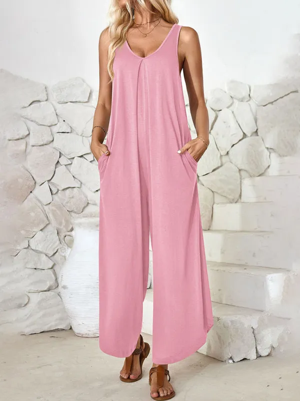 Casual sleeveless V-neck wide-leg jumpsuit with pockets